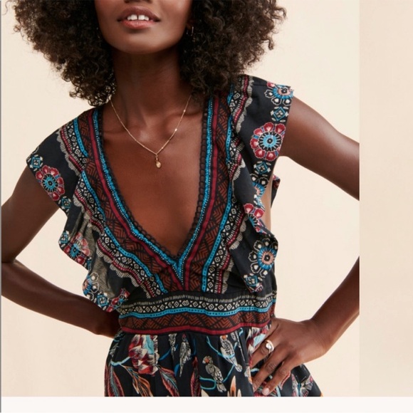 Anthropologie Animal Floral Print Plunge V-neck Mini Dress Ruffles Size XS - Picture 11 of 11